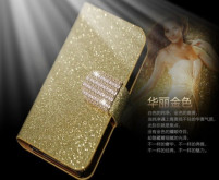 Луксозен кожен калъф тефтер стойка и клипс с камъни и брокат за Huawei Y7 2017 TRT-LX1 златист